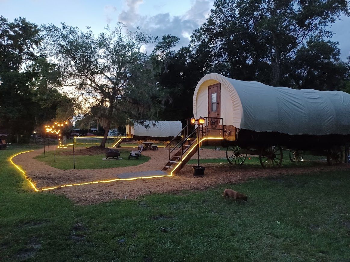 Two covered wagons lit up at dusk, with a pathway and string lights, in a grassy area.