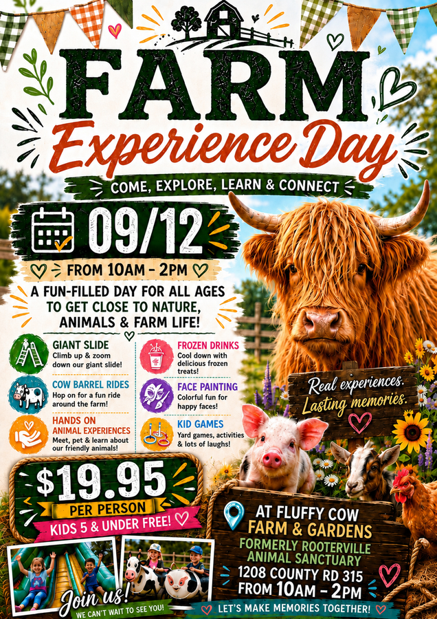 Farm Experience Day poster with a Highland cow, hay bales, and event details for Sept. 12.