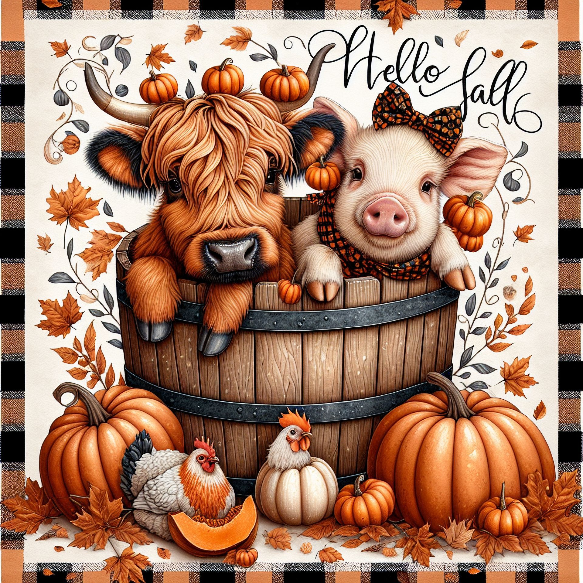 A cow and pig in a wooden barrel with pumpkins, chickens, and autumn leaves,