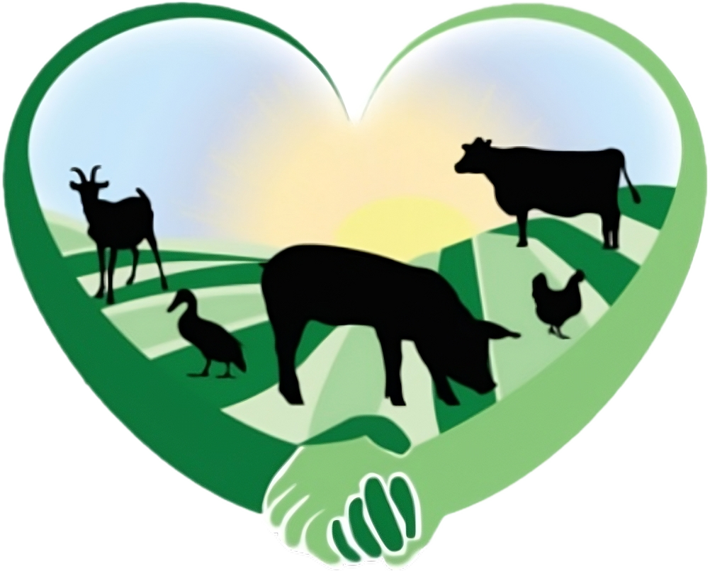 Rooterville Animal Sanctuary Heart-shaped design with farm animals and hands shaking, symbolizing animal welfare.