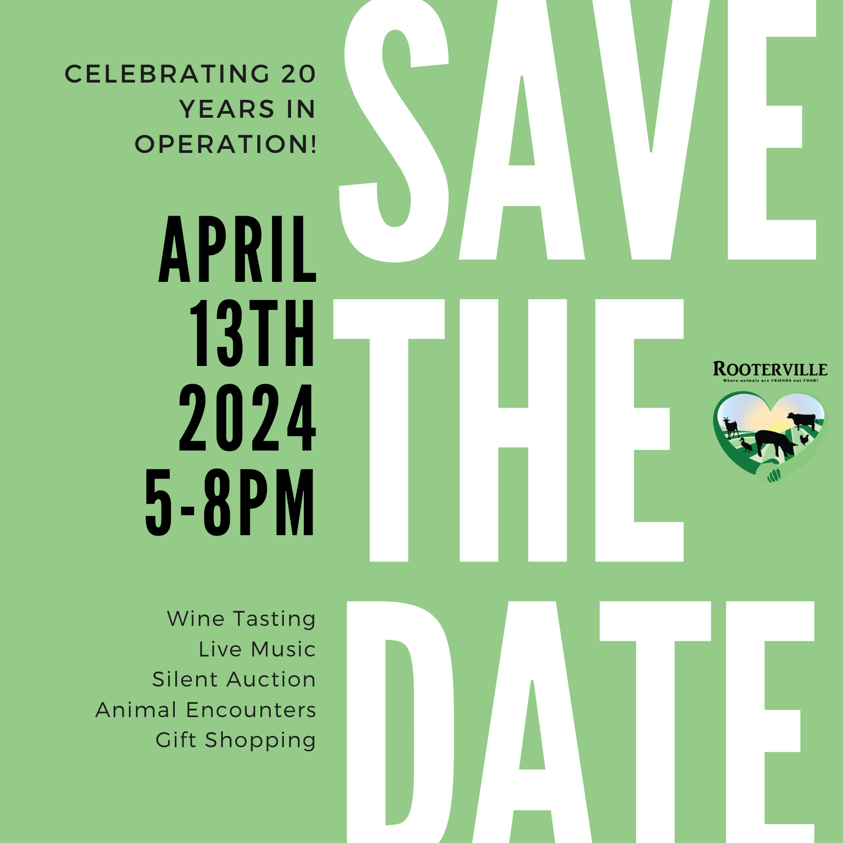Fundraiser event in Rockville on April 13th, 2024, celebrating 20 years. Featuring wine, music, auction, animal encounters.