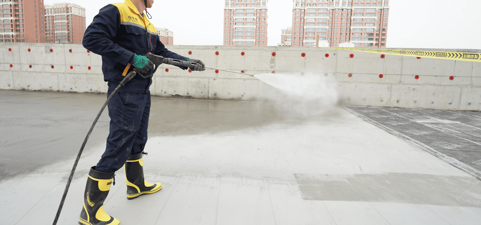Worker spraying photocatalytic paint on the ground of a rooftop