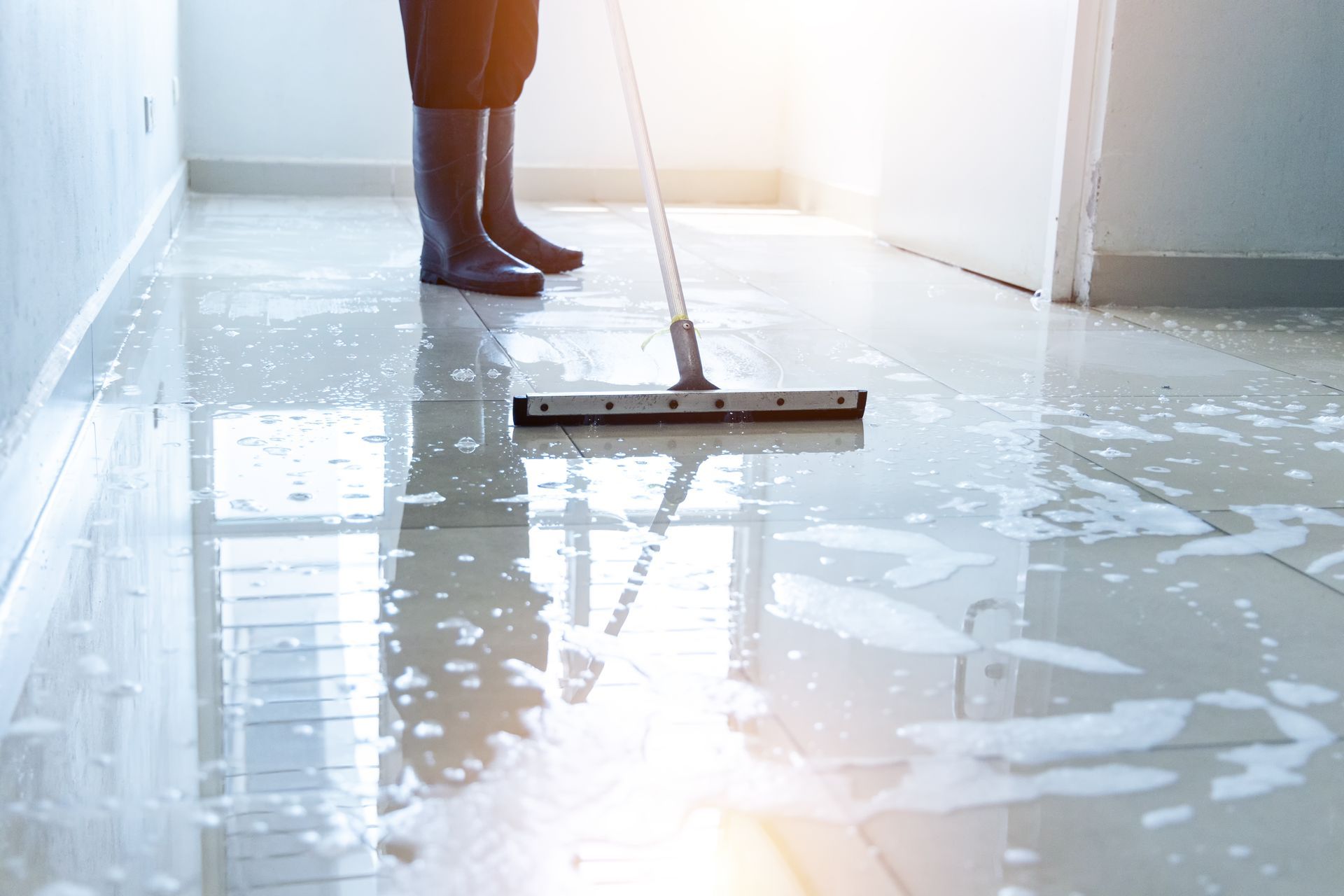 A person in rubber boots mops a wet, soapy tile floor in a bright, sunlit room.