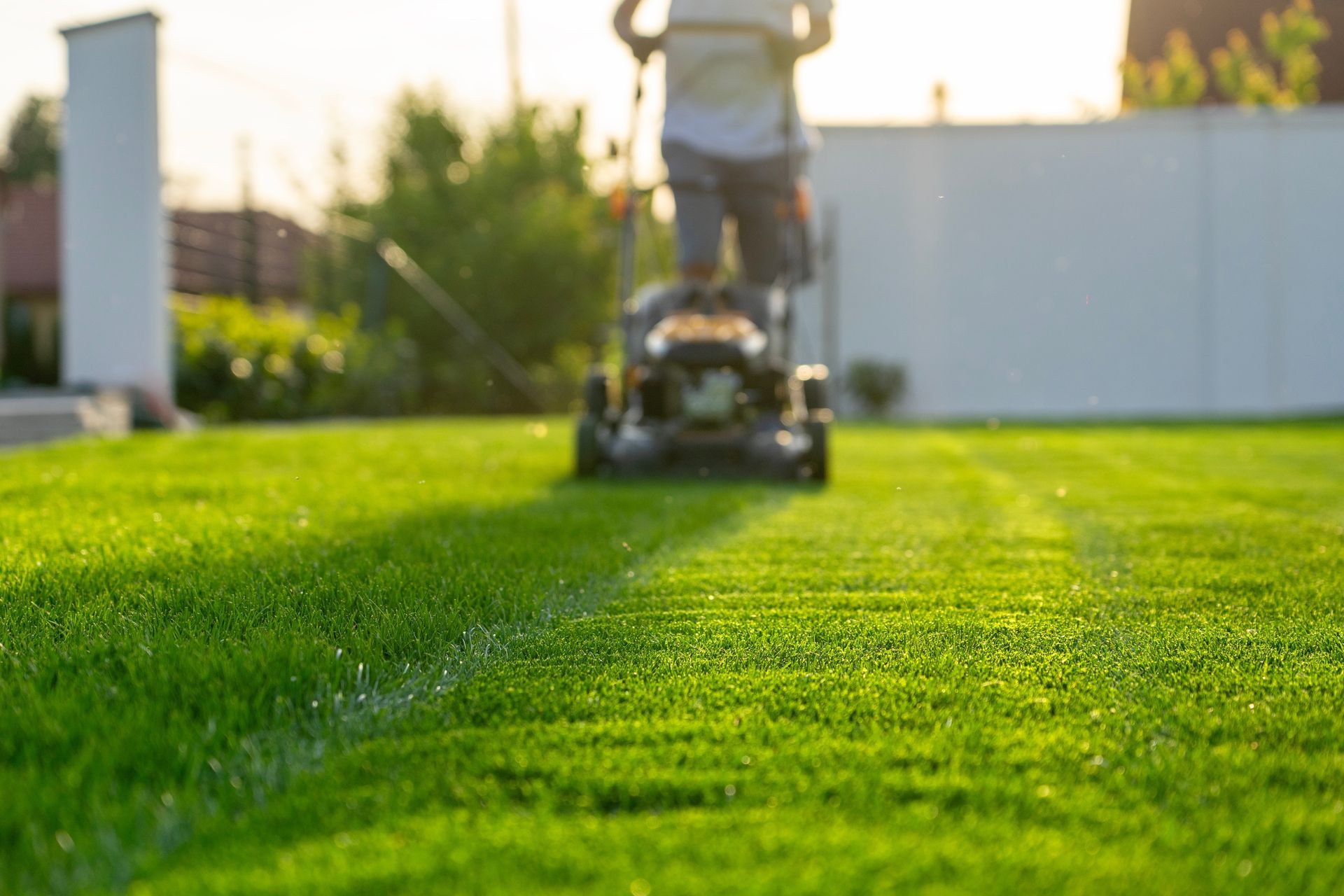 A person mows a bright green, neatly trimmed lawn on a sunny day.