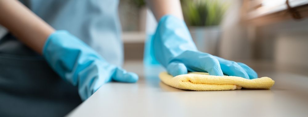 A person in gloves and shoe covers mops a wet tile floor in a hallway next to a yellow