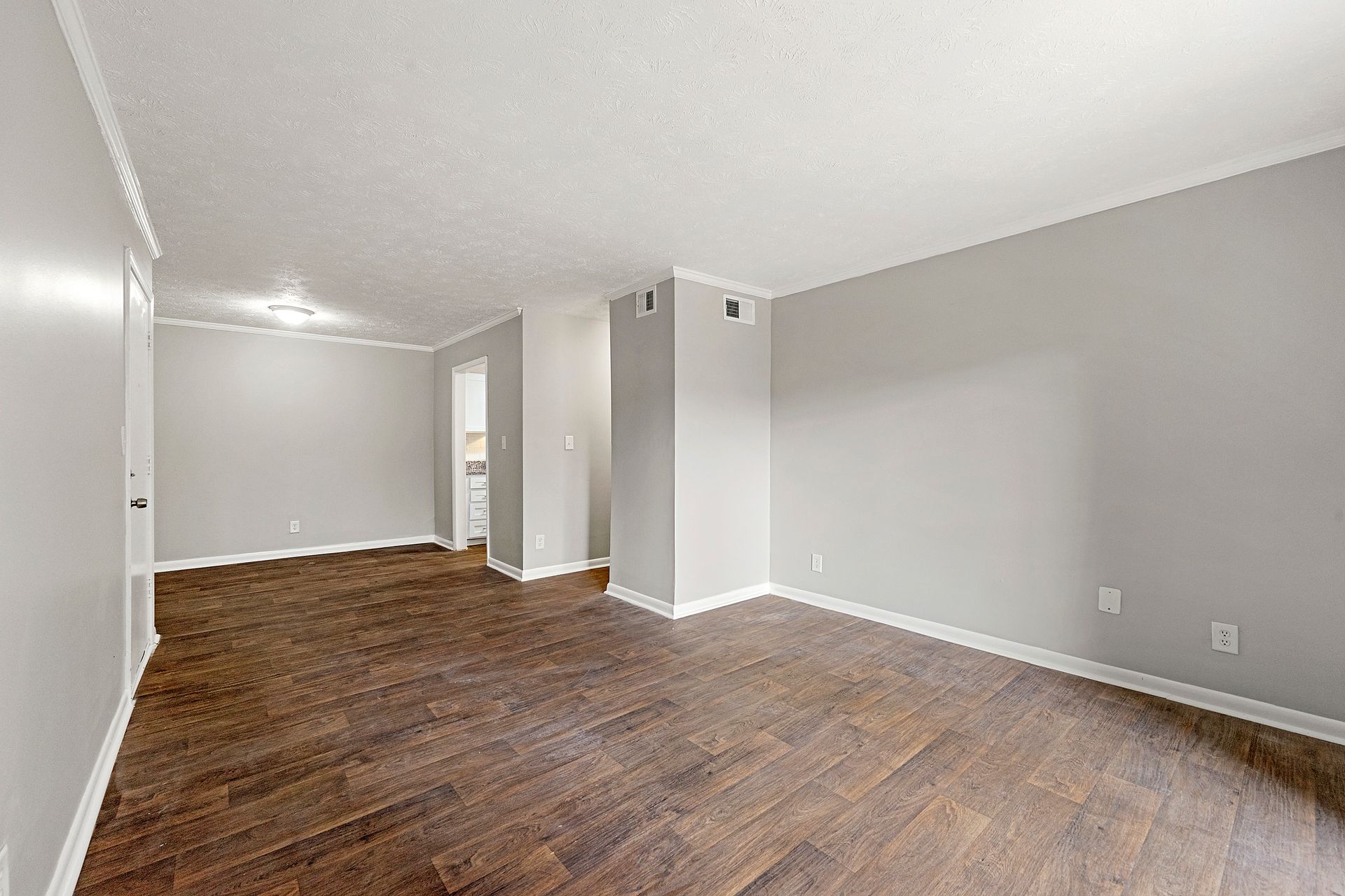 Empty gray living room with wood-look floors and white ceiling lights