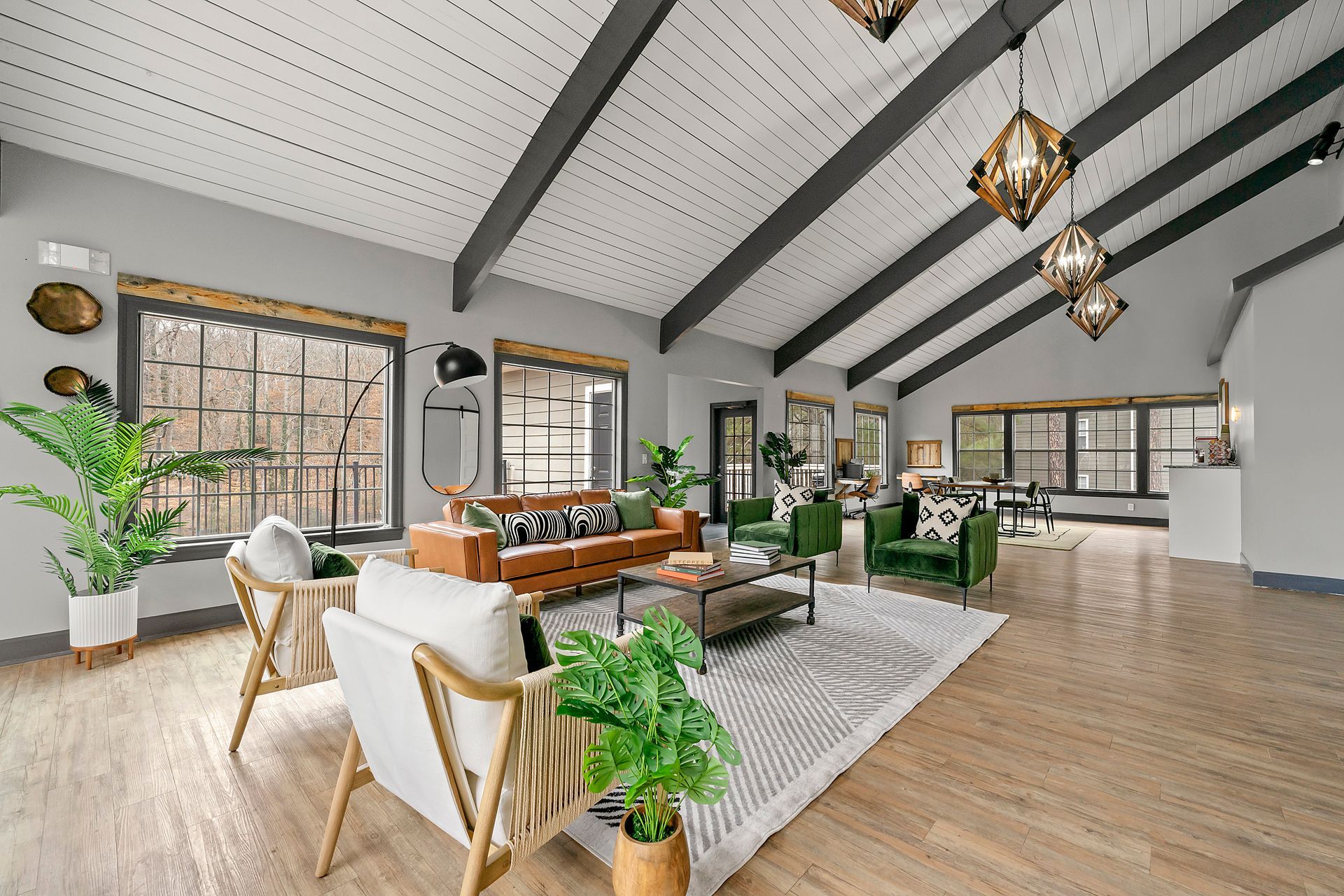 Bright modern living room with white vaulted ceiling, wood floors, green plants, and tan seating