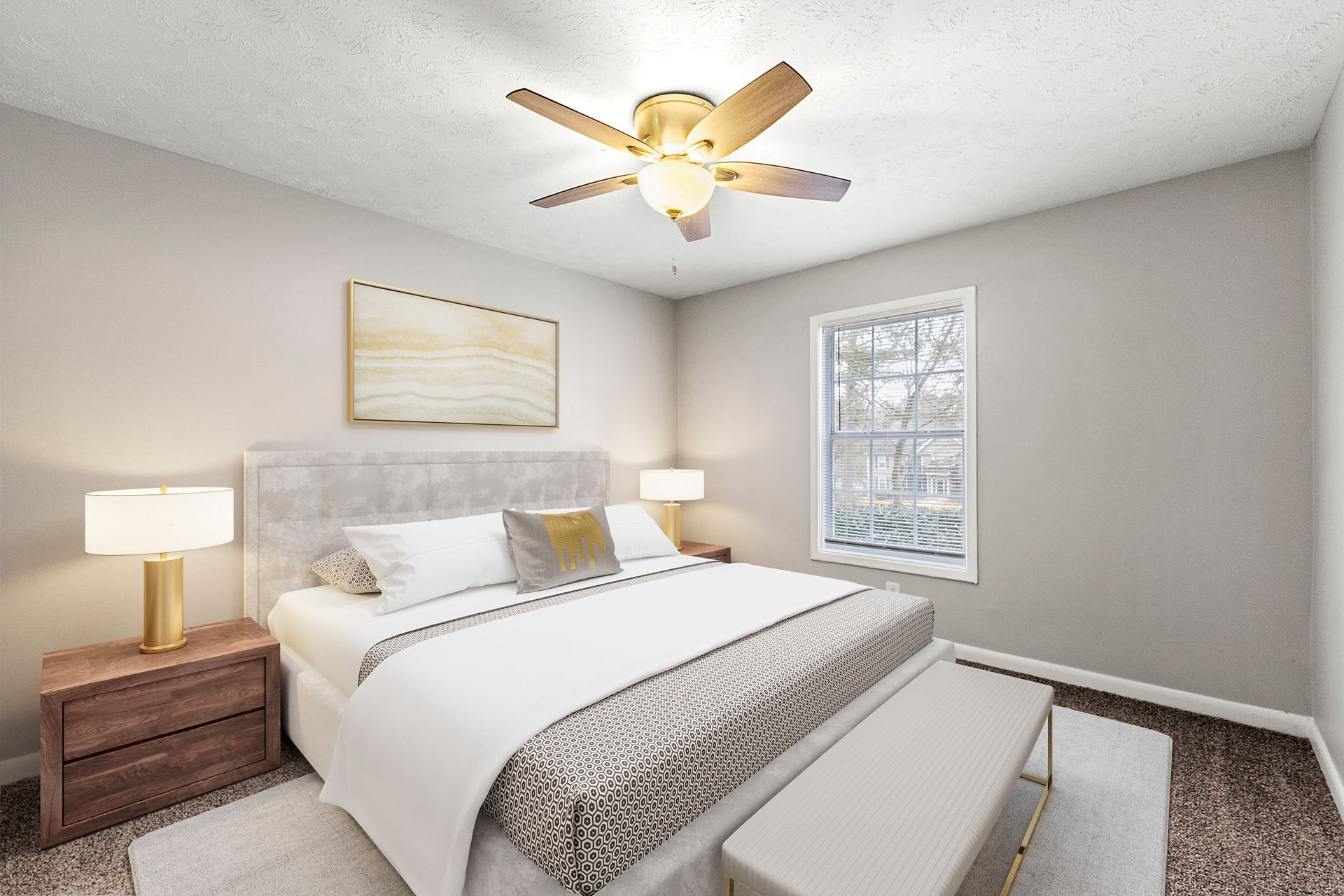Bright bedroom with a white bed, wooden nightstand lamps, ceiling fan, and window blinds