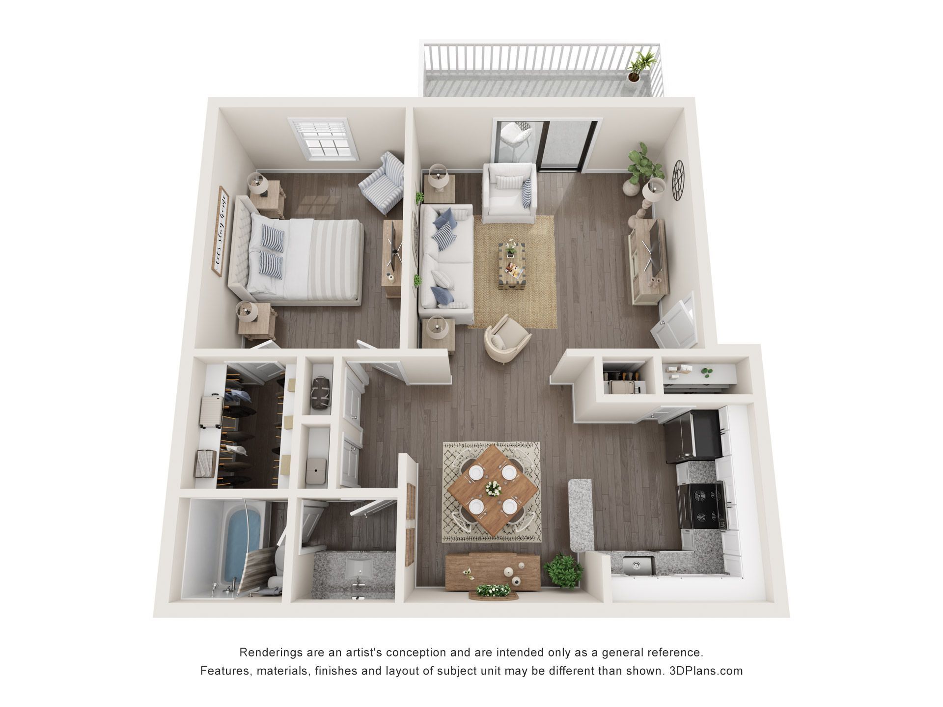 3D floor plan of a small apartment with bedroom, kitchen, living area, bathroom, and balcony