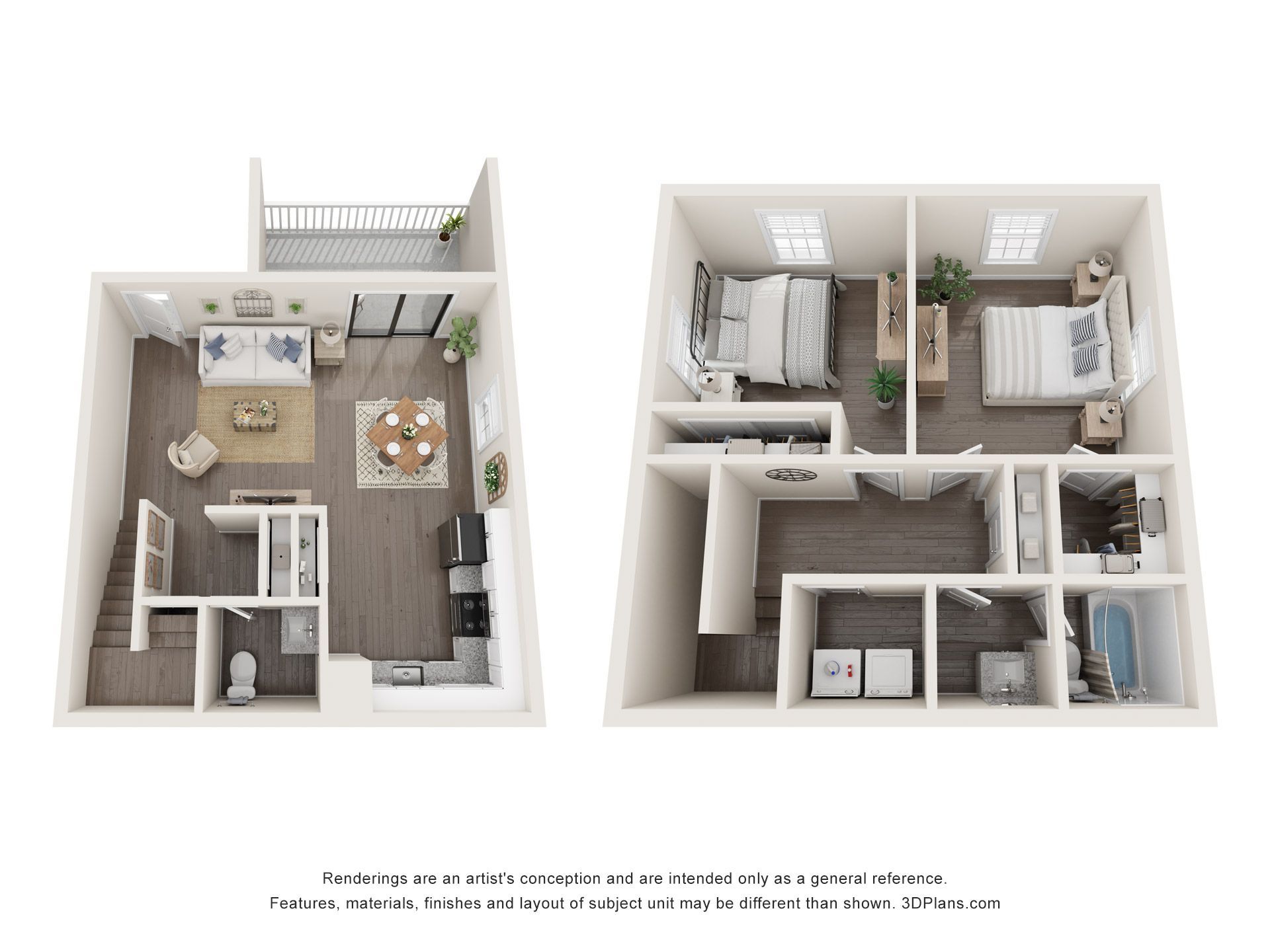 Two 3D apartment floor plans: studio and one-bedroom layouts with furnished rooms and balconies