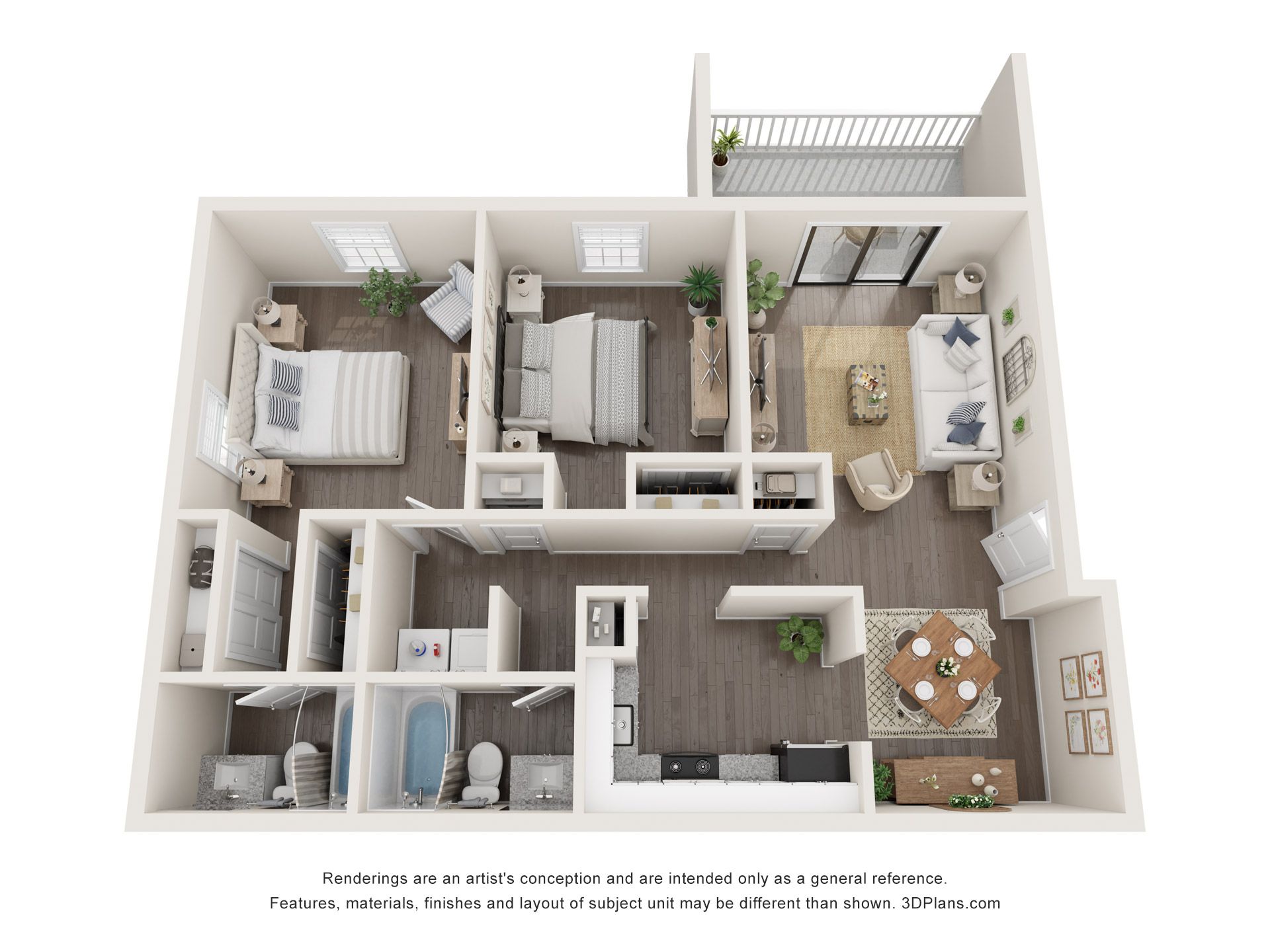 3D floor plan of a modern apartment with bedroom, bath, kitchen, living room, and balcony.