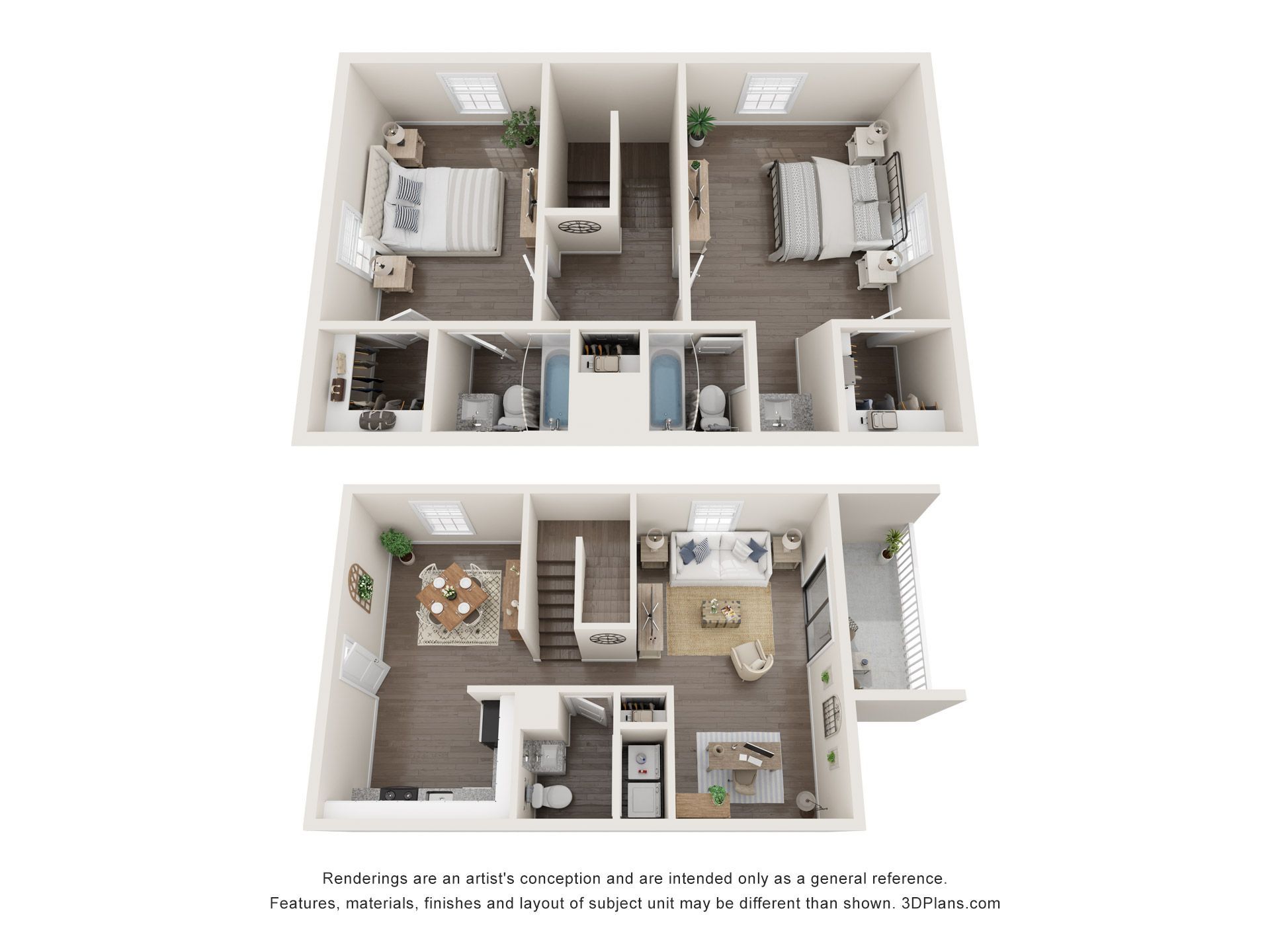 Two-story house floor plan with bedrooms, bathrooms, and living spaces in a top-down layout