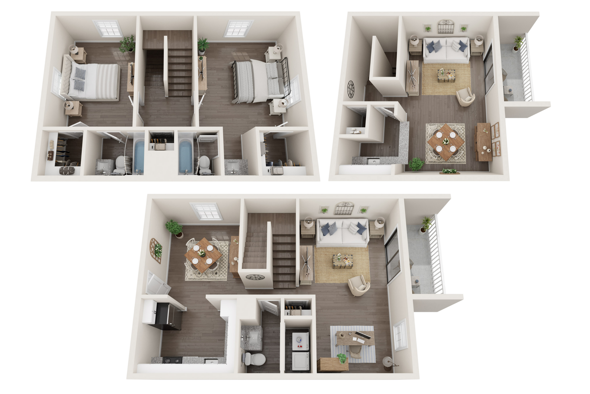 Floor plan of a three-room home with bedrooms, bathrooms, and a kitchen-dining area, shown in 3D.