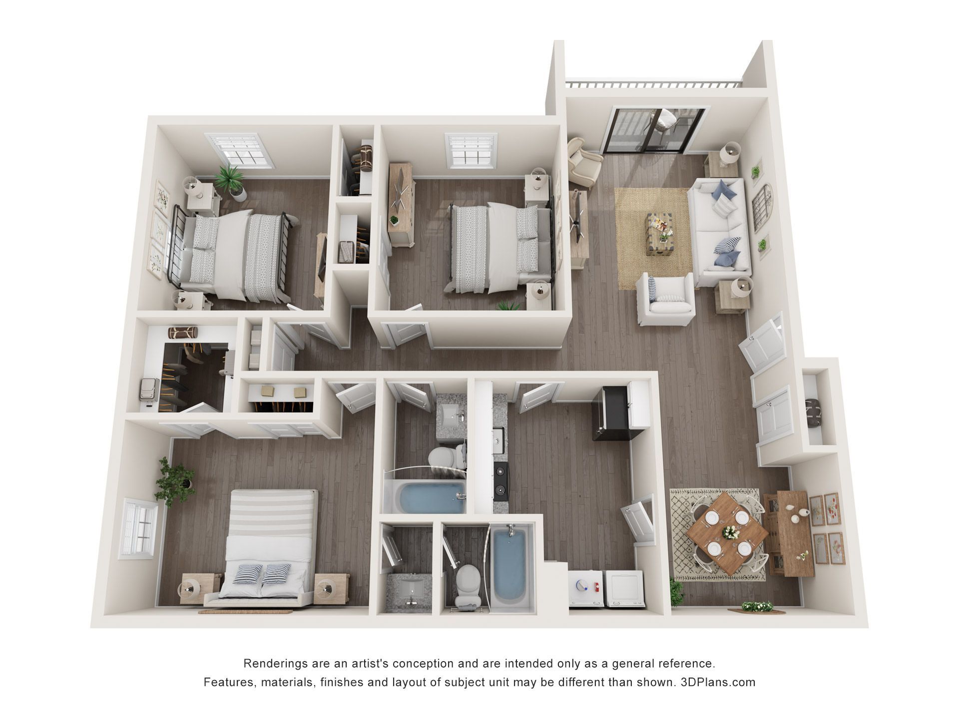 3D floor plan of a furnished apartment with bedrooms, bathroom, living area, and kitchen-dining space
