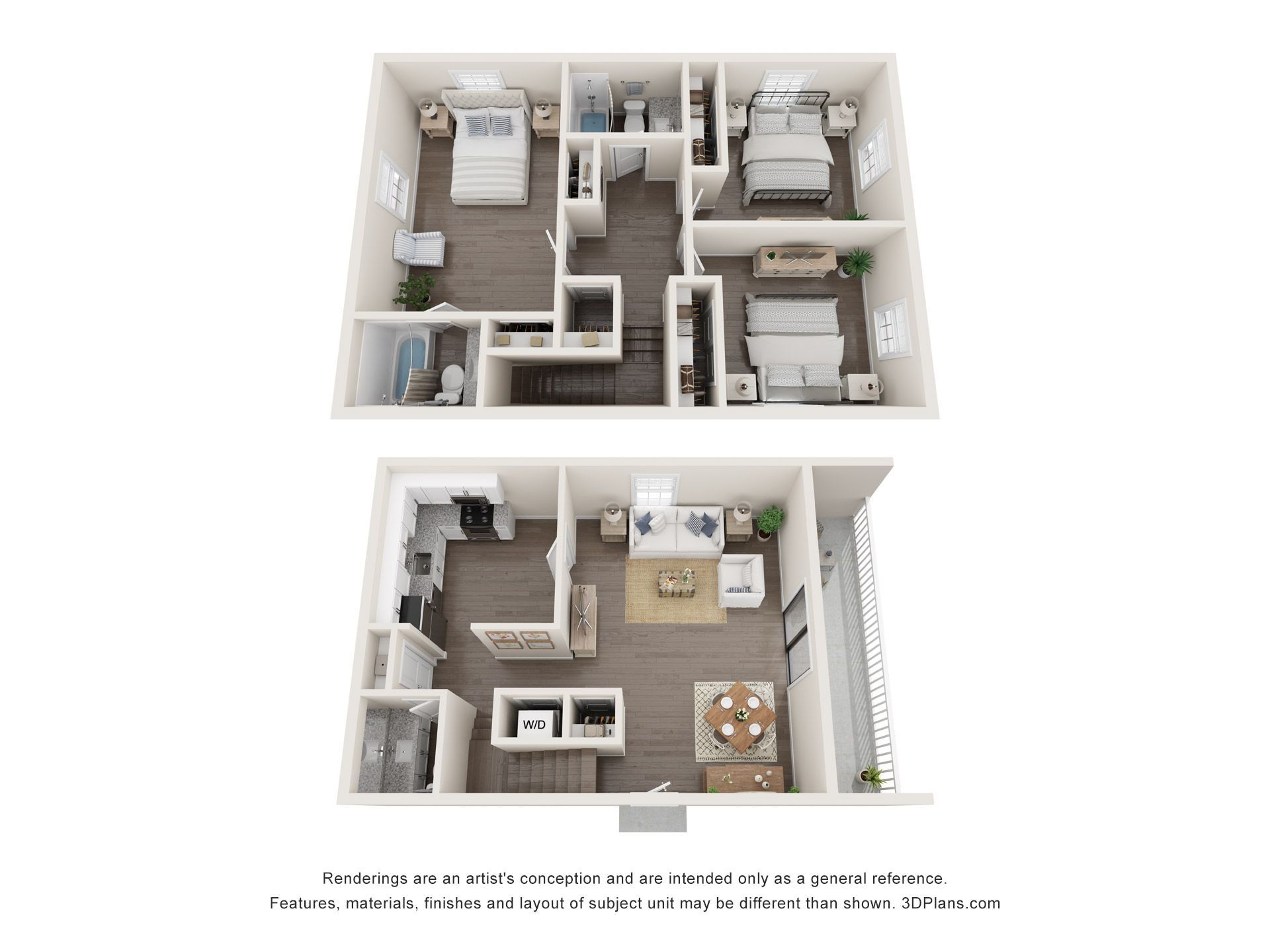 Two-story apartment floor plan with bedrooms, baths, living room, kitchen, and dining area