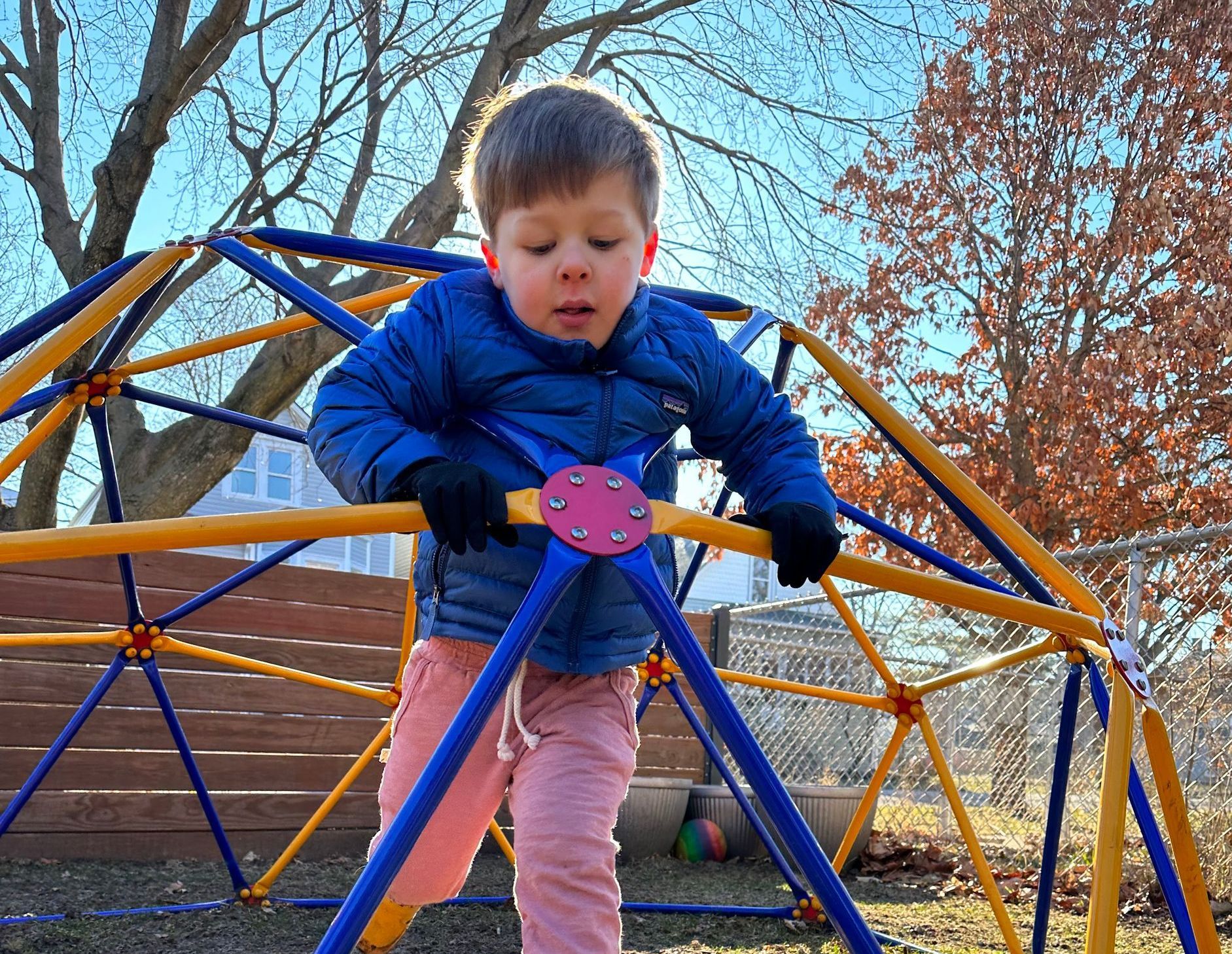 A young child is near the top of a dome shaped outdoor climbing structure and looking down.
