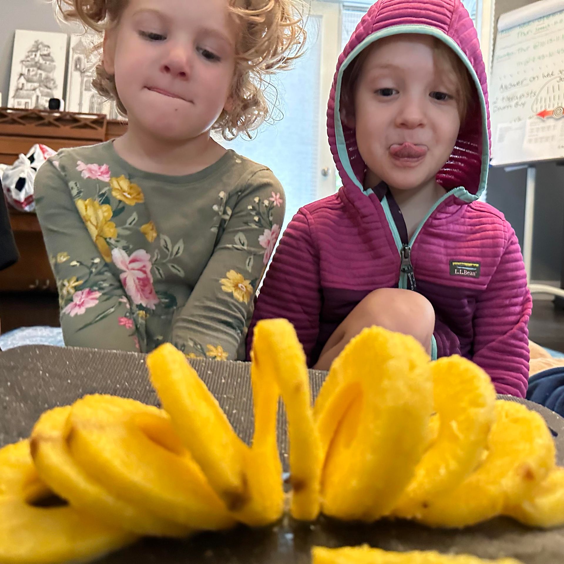 Two children star at a spiral sliced pinapple in font of them. One of the children is licking their lips.