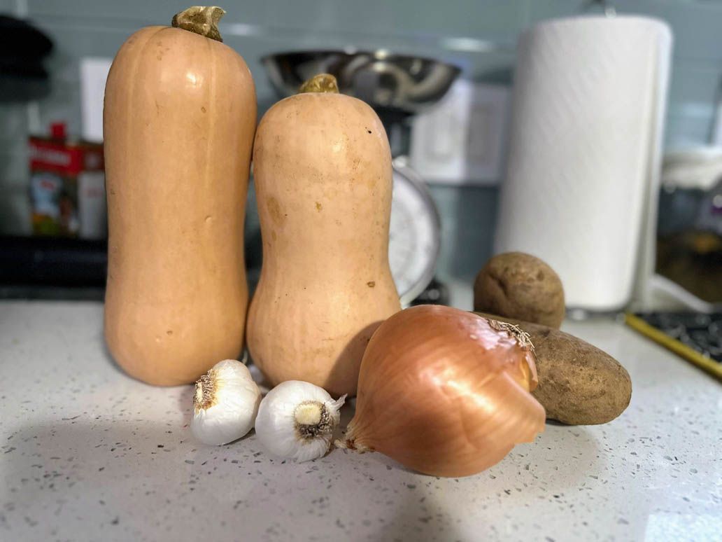 kitchen countertop with two butternut squash, garlic bulbs, potatoes and and onion resting on it