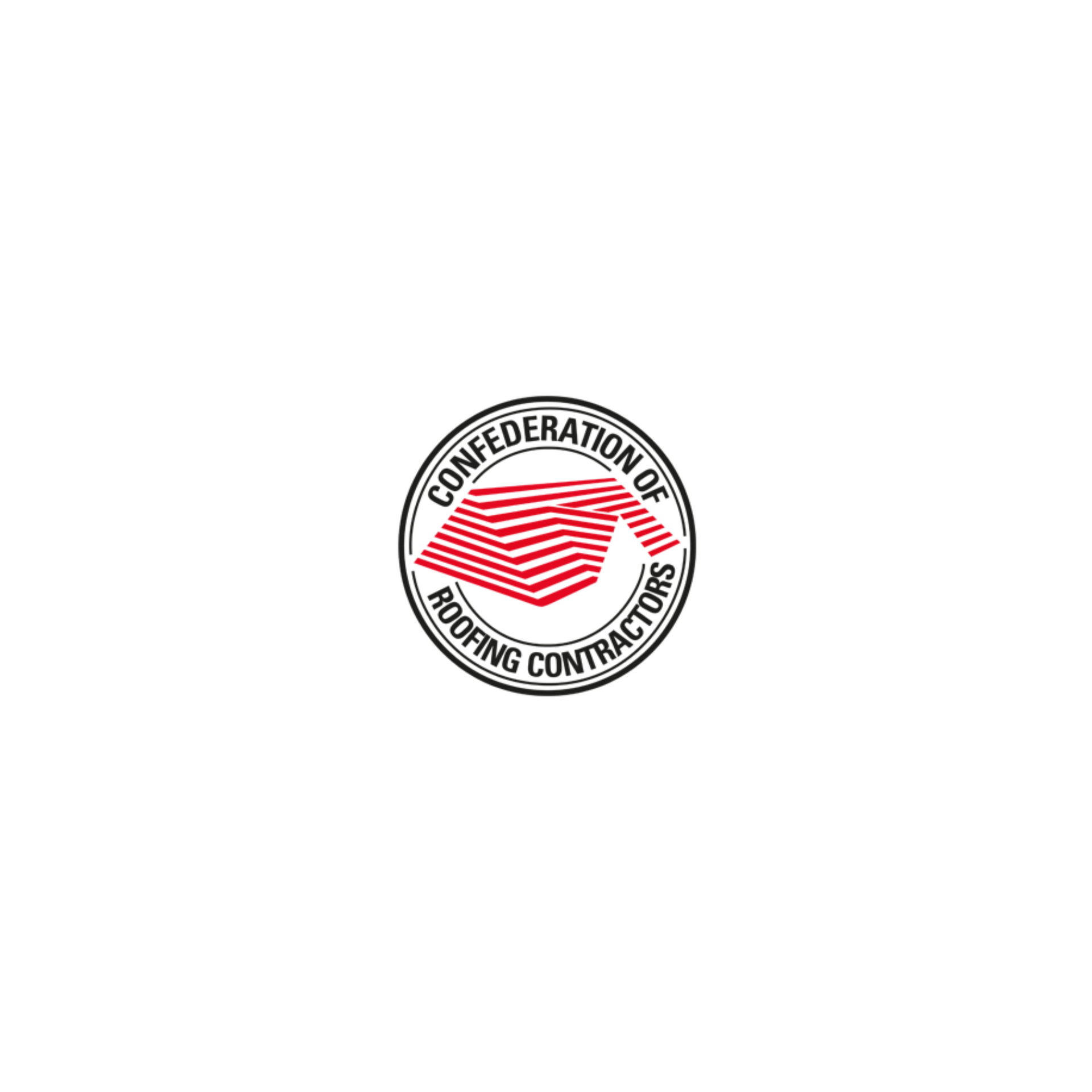 Logo for the Confederation of Roofing Contractors: red roof design within a black and white circular border.