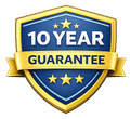 Blue and gold shield badge reading “10 YEAR GUARANTEE” with gold stars and ribbon