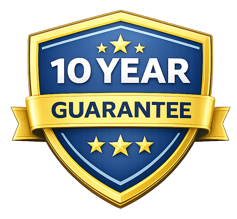 Blue and gold shield badge reading “10 YEAR GUARANTEE” with gold stars and ribbon