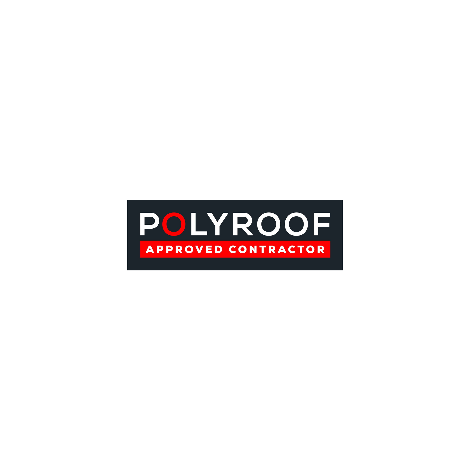 Logo: Polyroof, with red and white text on a black rectangular background, 