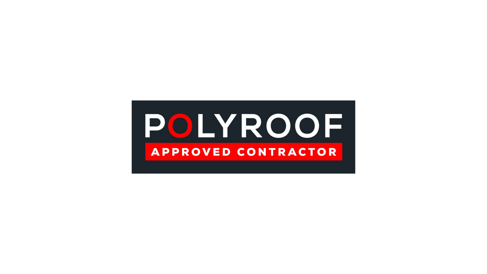 Logo for Polyroof, a roofing contractor. Text is white on black rectangle with red accent.
