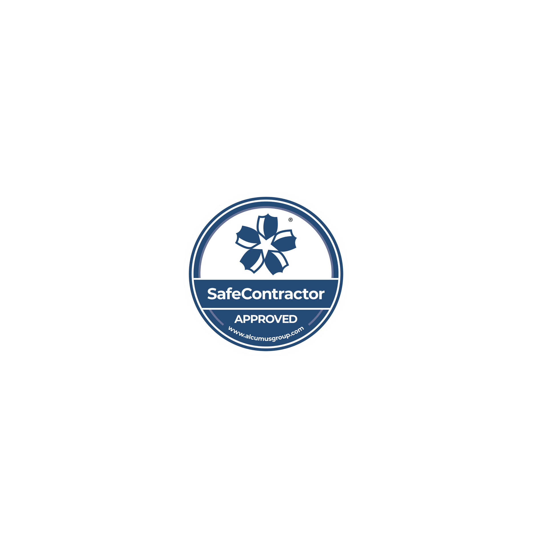 SafeContractor Approved badge, blue and white, circular with a stylized flower.