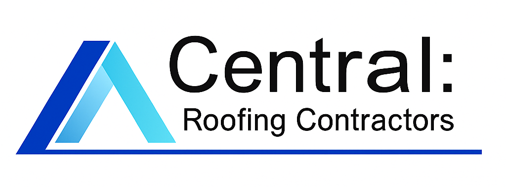 Logo of Central Roofing Contractors: Blue and teal roof graphic with text on a white background.