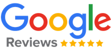 Google Reviews logo with blue, red, yellow, and green letters, gray 