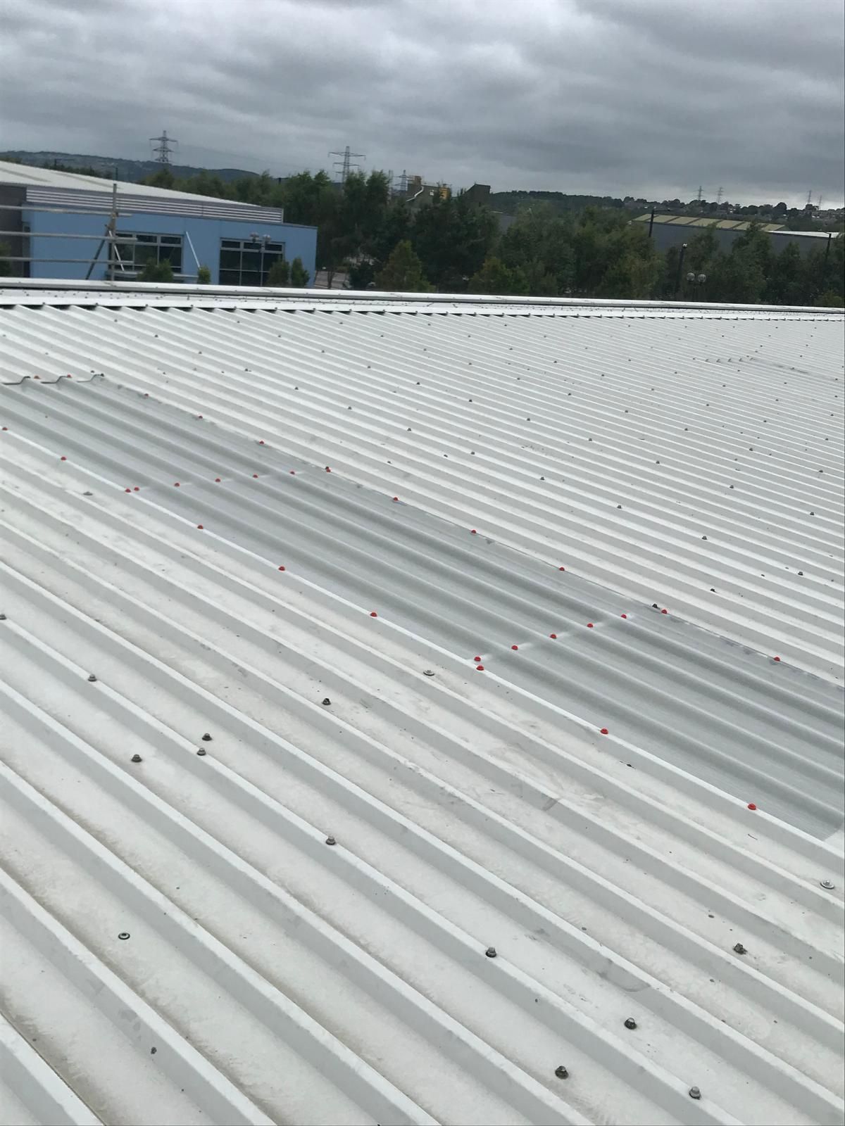 White corrugated metal roof of a commercial building on an overcast day.