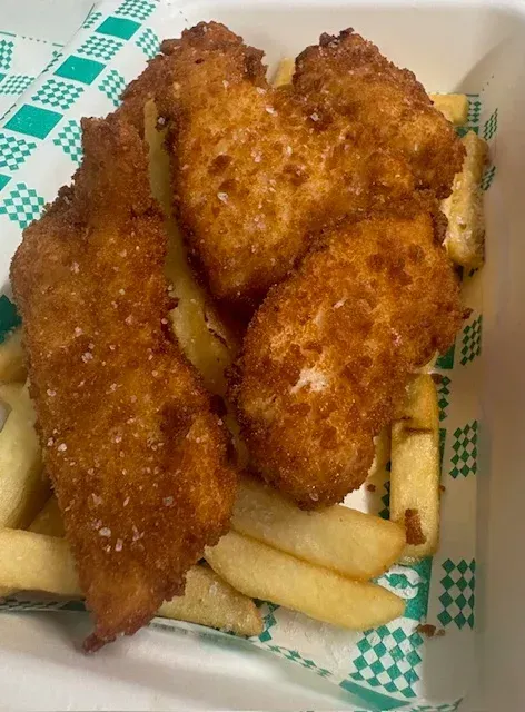 Fried Chicken and French Fries in a Styrofoam Container — Cedar Park Fish & Chips In Taranganba, QLD