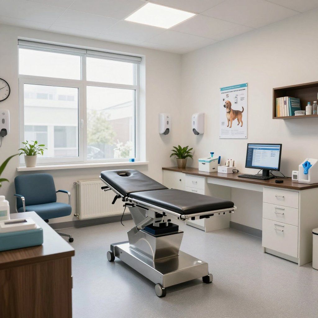 Interior del consultorio del veterinario: mesa de exploración, escritorio con ordenador, ventana y suministros médicos.