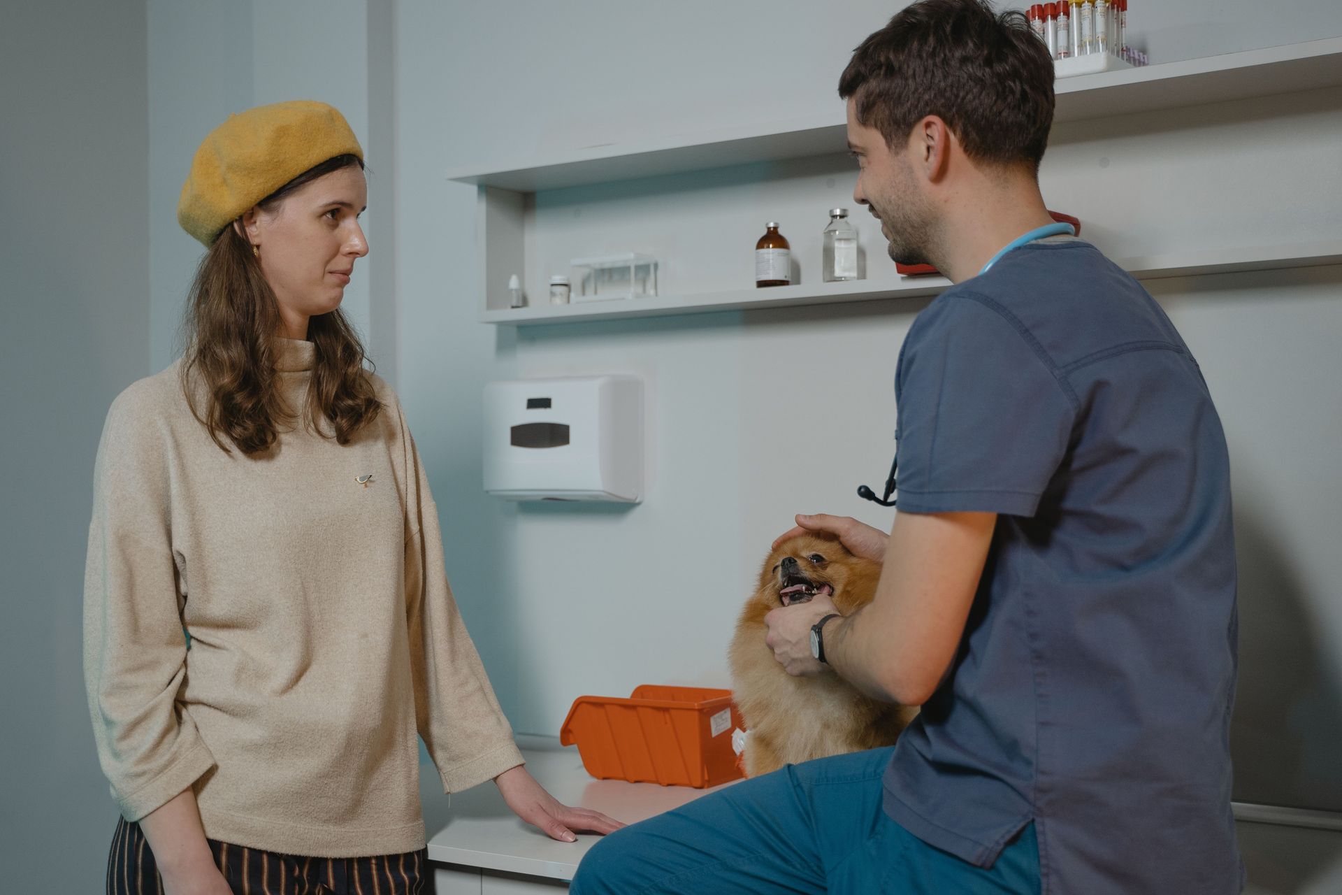 Interior del consultorio del veterinario: mesa de exploración, escritorio con ordenador, ventana y suministros médicos.