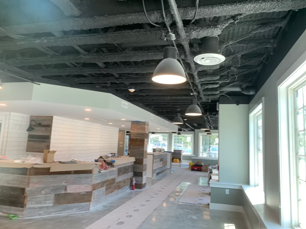 Empty modern cafe interior with hanging lights, counter, and large windows