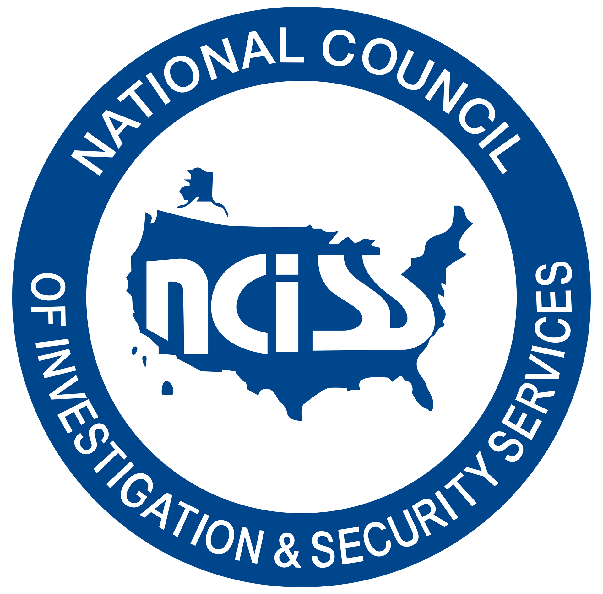 Blue circular logo for the National Council of Investigation & Security Services featuring a map of the USA and 
