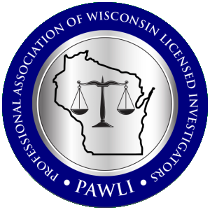 A round logo for the Professional Association of Wisconsin Licensed Investigators (PAWLI) featuring a map and scales.