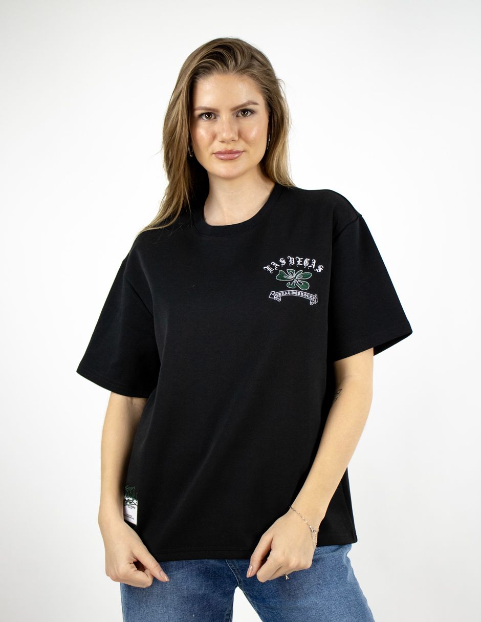 EXCLUSIVO BOUTIQUES WOVERLASVEGAS Playera Furor Manga Corta Felpa Oversize Negro