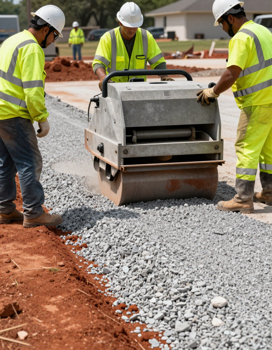 Concrete Commandos crew performing subgrade compaction on a Houston-area driveway