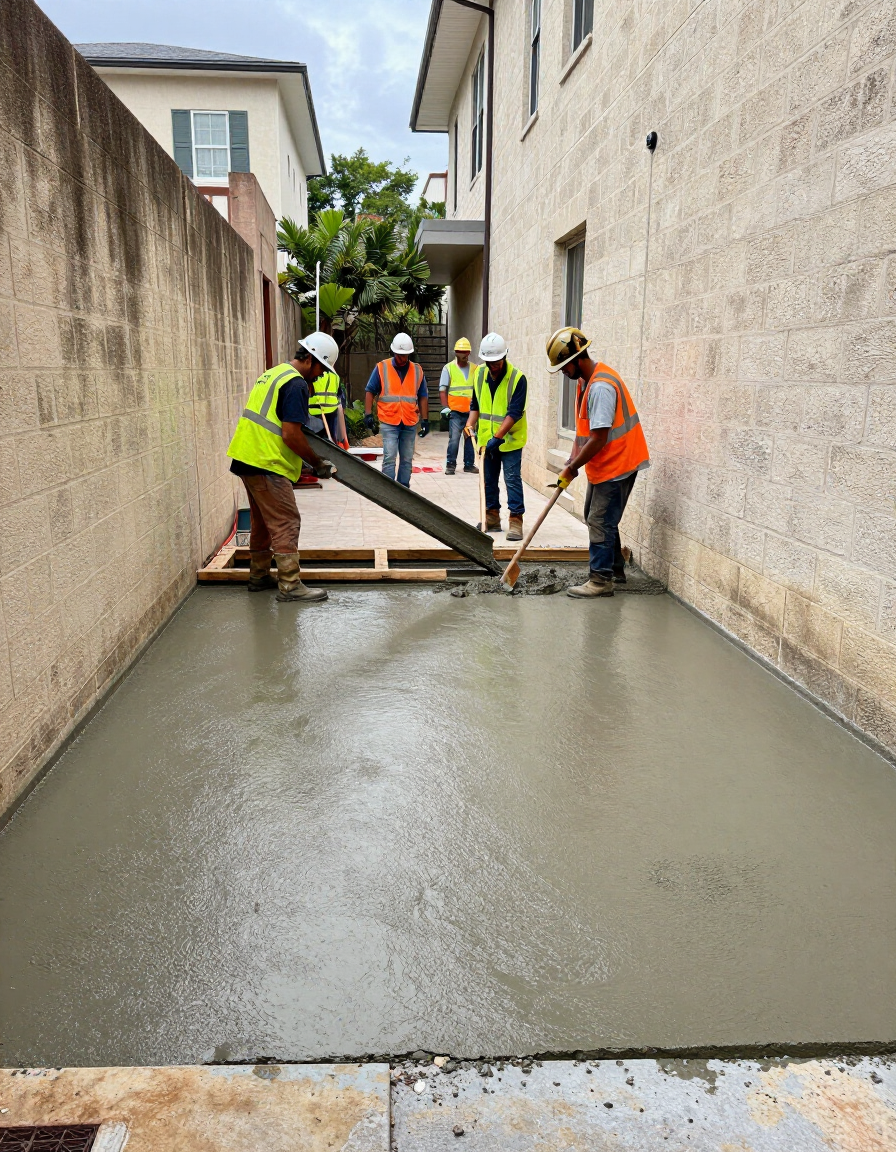 Concrete Commandos crew working a tight urban residential lot in Bellaire, TX