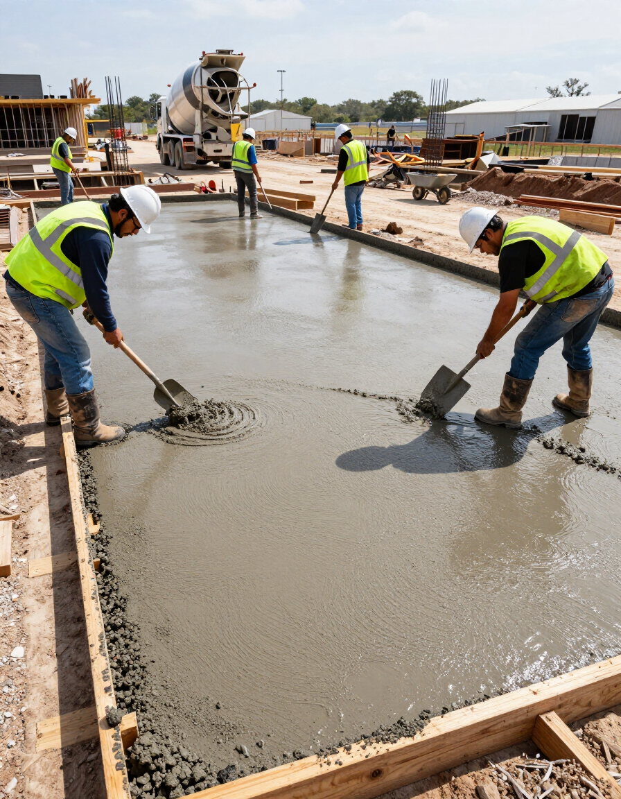 Commercial concrete flatwork pour in progress with crew and formwork