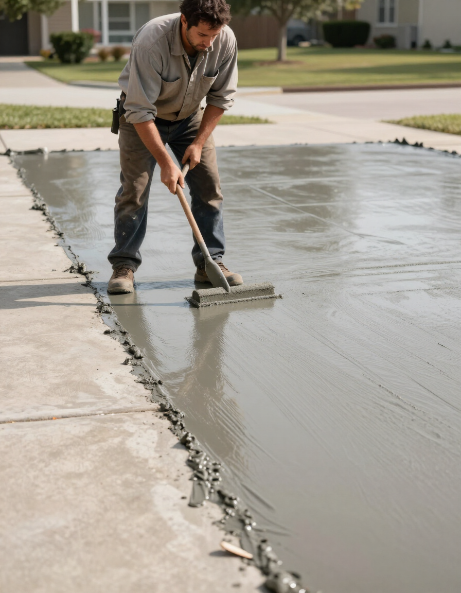 Technician applying polymer overlay to Houston-area concrete surface