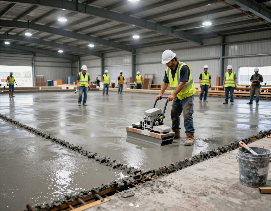 Commercial concrete crew power troweling a high-PSI warehouse floor slab in Harris County, TX