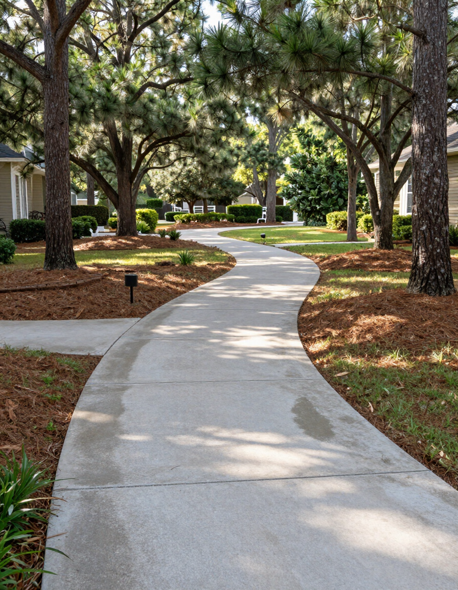 Concrete walkway through wooded residential lot in The Woodlands TX