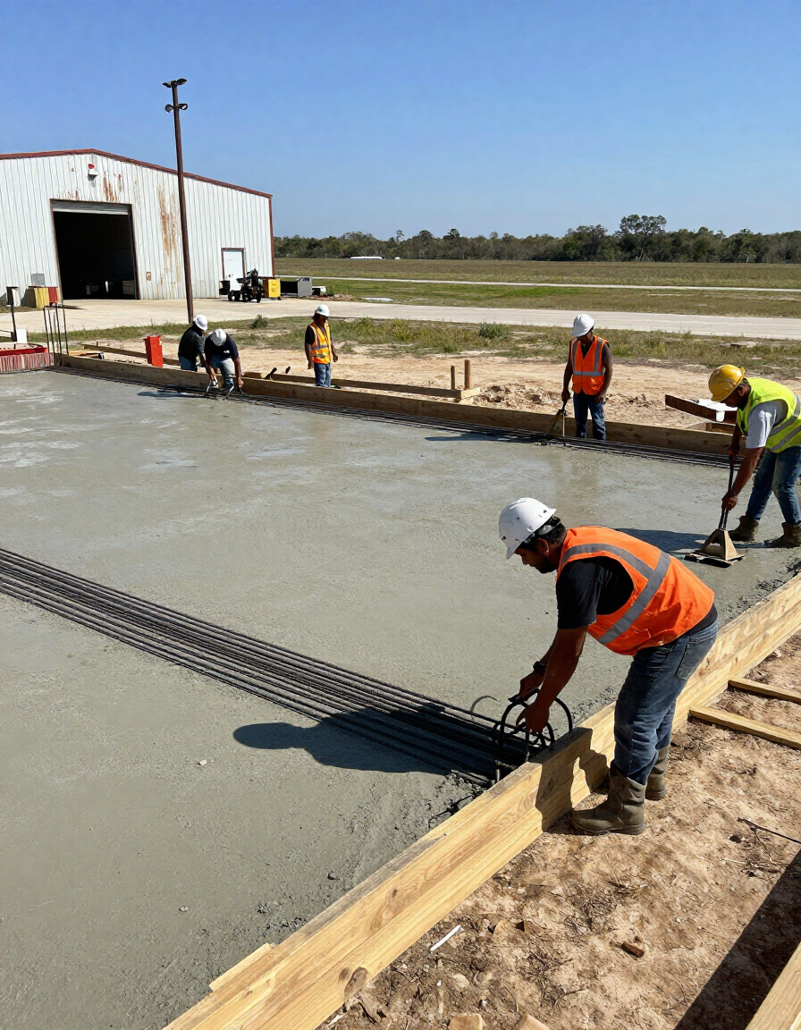 Concrete crew setting rebar on Pasadena-area flatwork slab