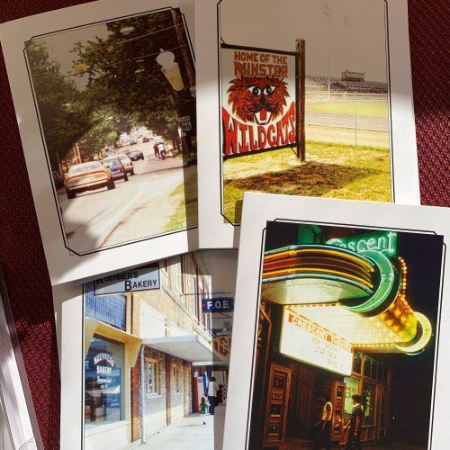 Four overlapping travel photos: a road with cars, a restaurant sign, storefronts, and a neon-lit entrance.