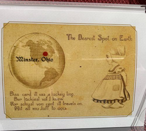 Vintage postcard reading “The Sweet Spot on Earth,” with a globe labeled Winter, Ohio and a woman illustration.