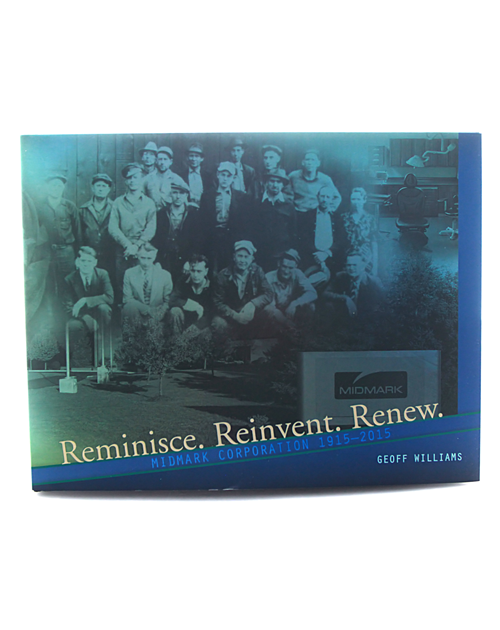 Blue book cover with vintage group photo and the words “Reminisce. Reinvent. Renew.”