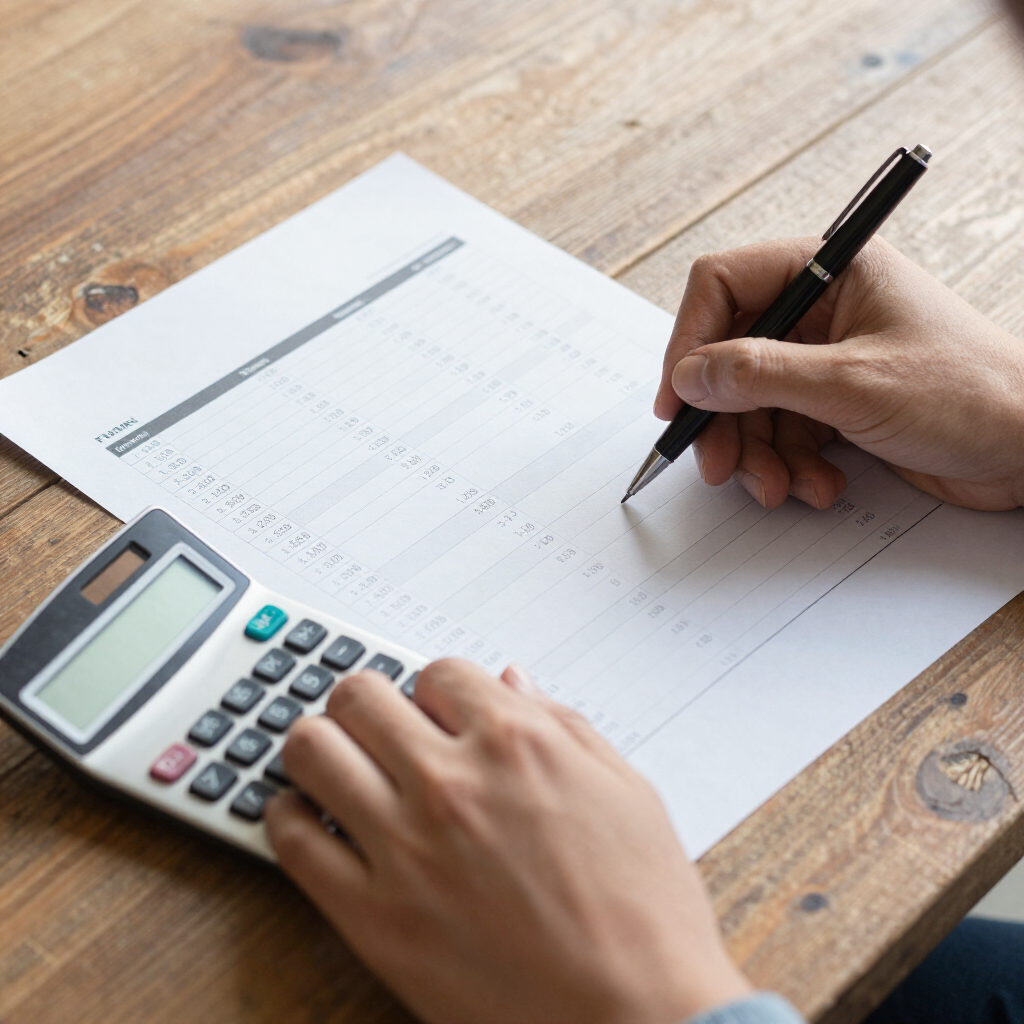 Hands using a calculator and writing on a form at a wooden desk.