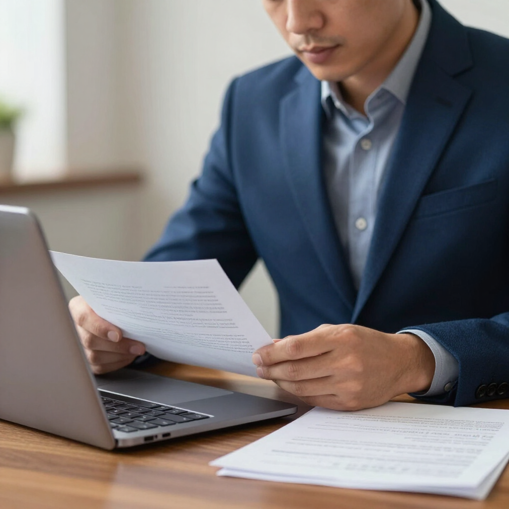 Man in a blue suit reviewing papers beside a laptop at a desk